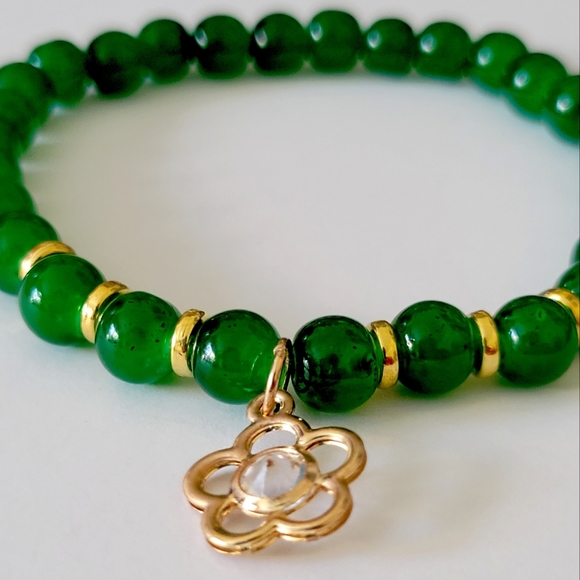 Green and Gold Flower Charm Bracelet, Green Charm Bracelet, Green & Gold - Picture 1 of 5